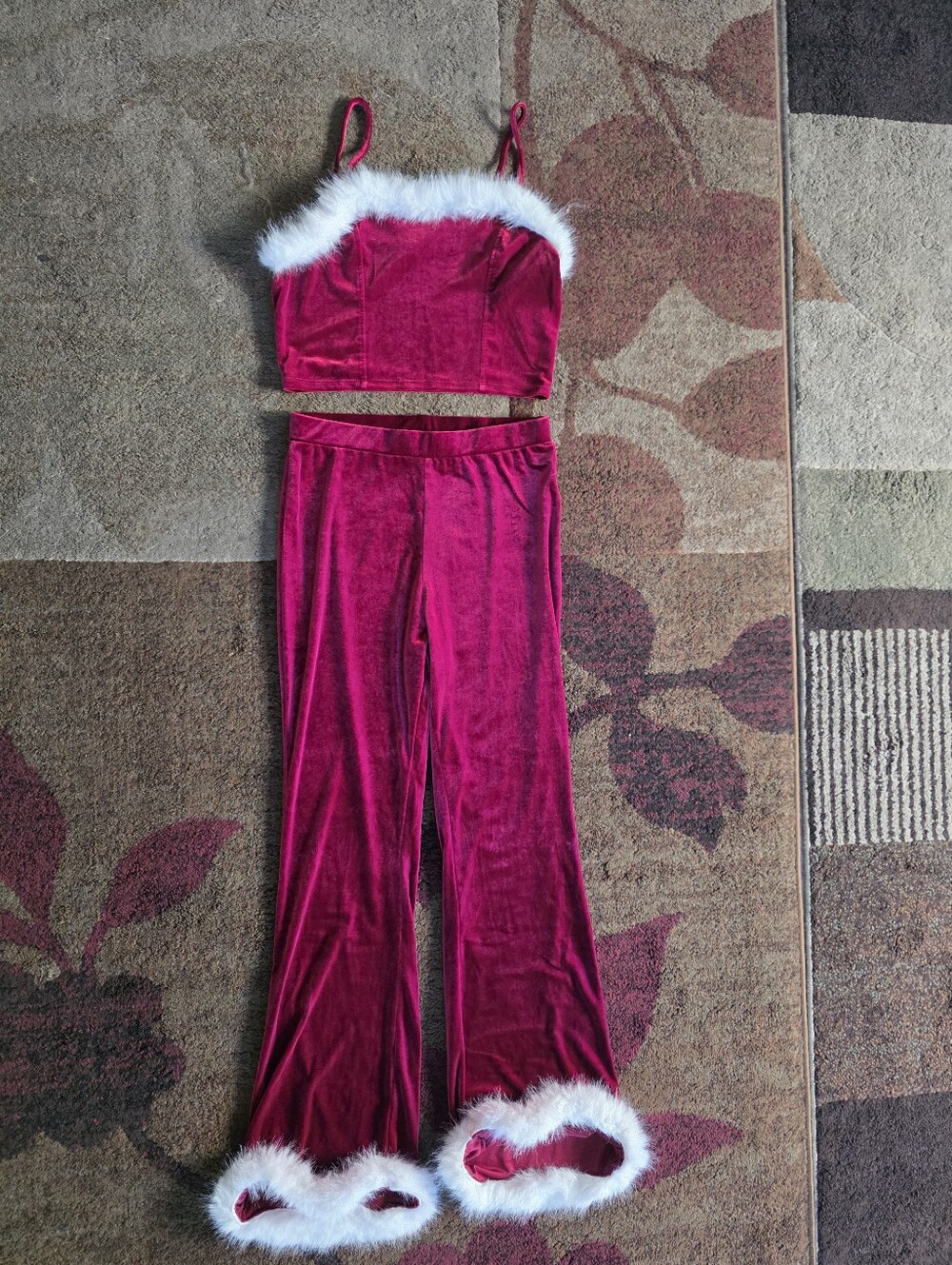 Holiday Velvet Crop Top and Flare Pant Set - Hot Pink with White Trim